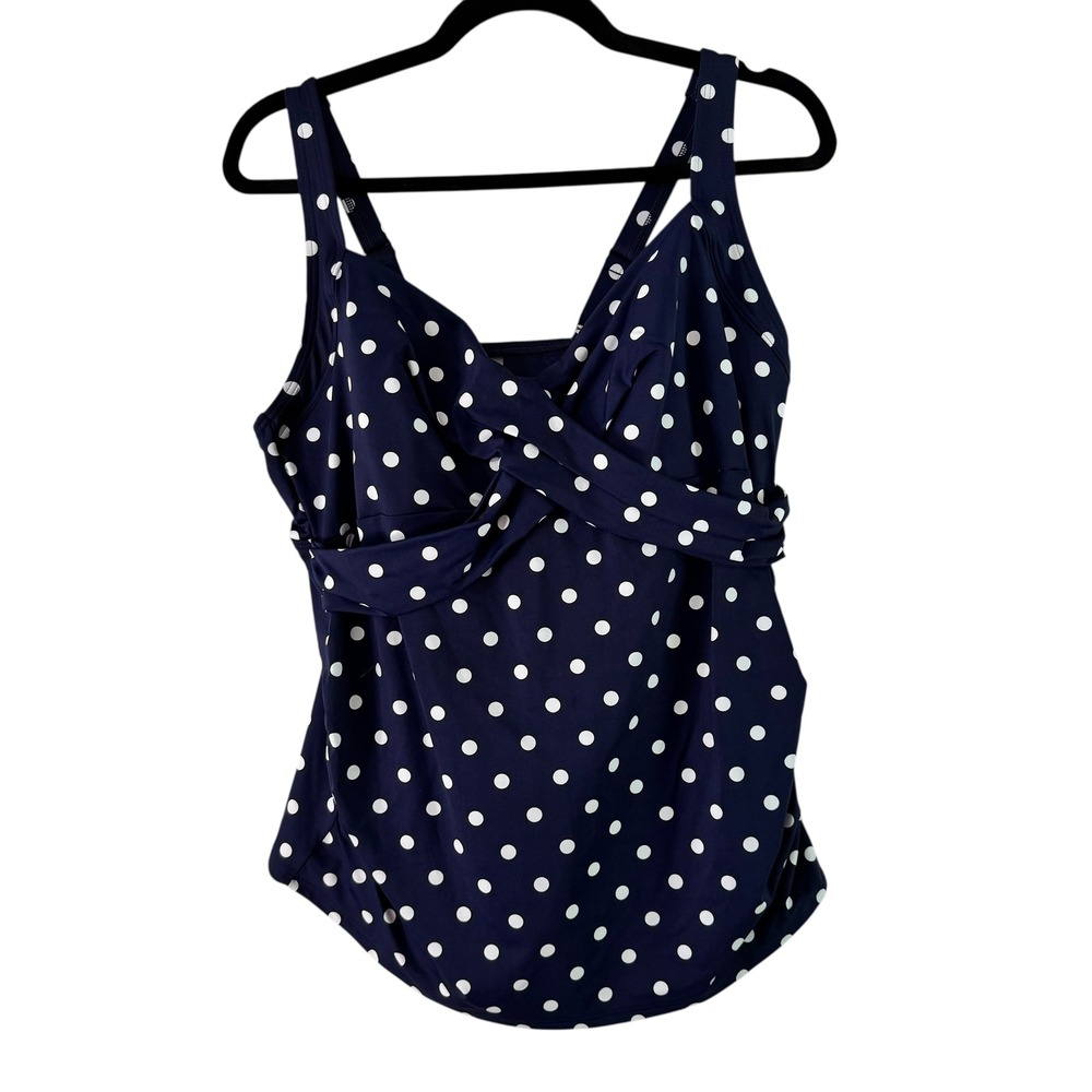 Lands' End Tankini Top Swimsuit Plus Size 16W Navy Blue White Polka Dot